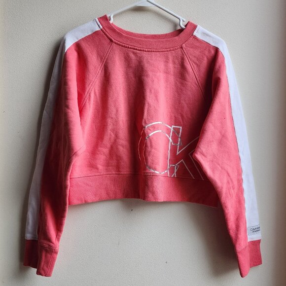 Calvin Klein Performance Pink/White Cropped Scoop Neck Sweatshirt Size Small - Picture 5 of 13